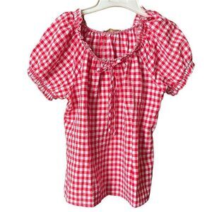 Belle Pogue size L seersucker checked puff sleeve top. Country farm life.